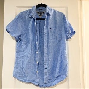 TOMMY HILFIGER Short Sleeve Button Down Denim Blue Shirt Pockets Size L